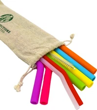 8-Pack Silicone Reusable 10" Drinking Straws with FREE Cleaning Brush + Pouch