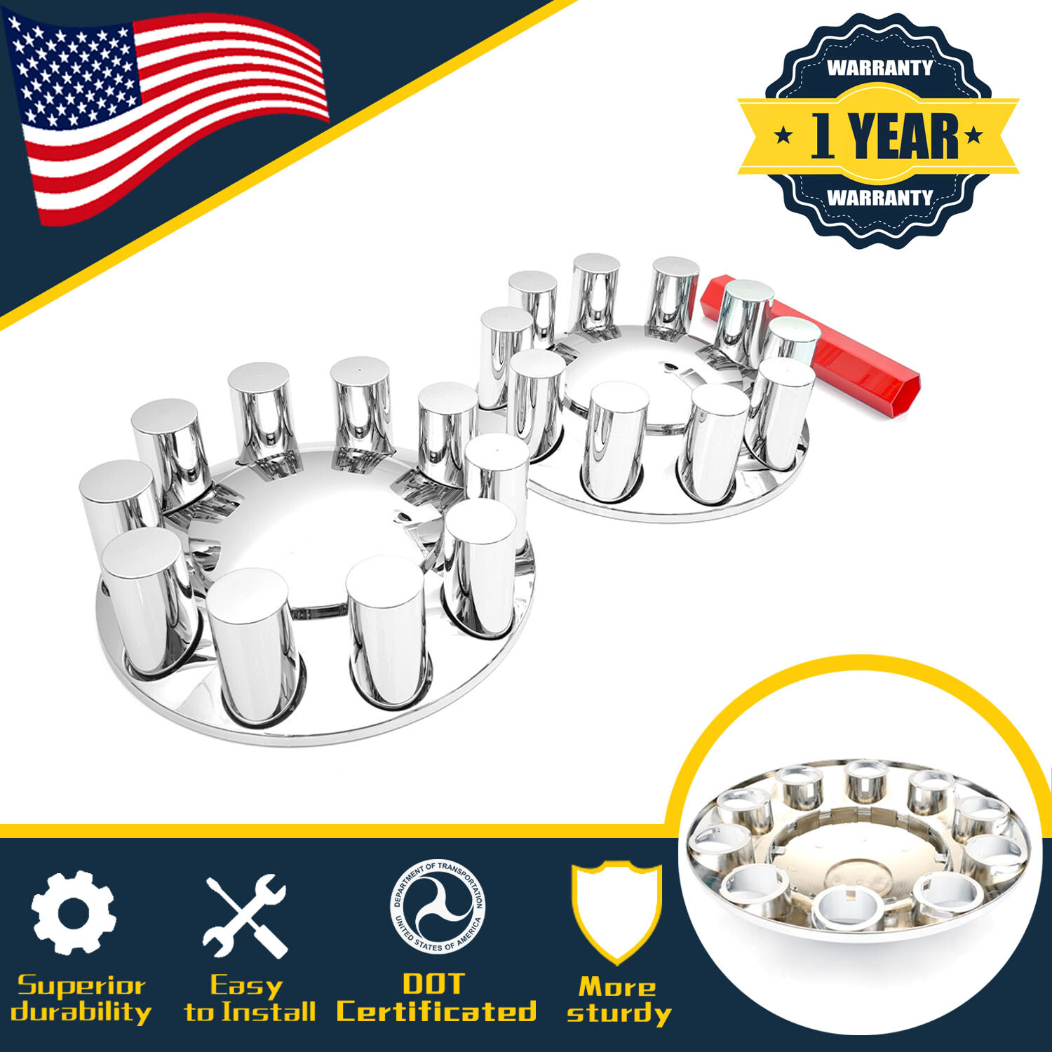 2-Pack 33mm Chrome Semi Truck Hub Covers Lug Thread-On Wheel Axle Caps