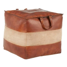 LumiSource Cobbler Industrial Pouf: Brown Leather & Tan Canvas Ottoman