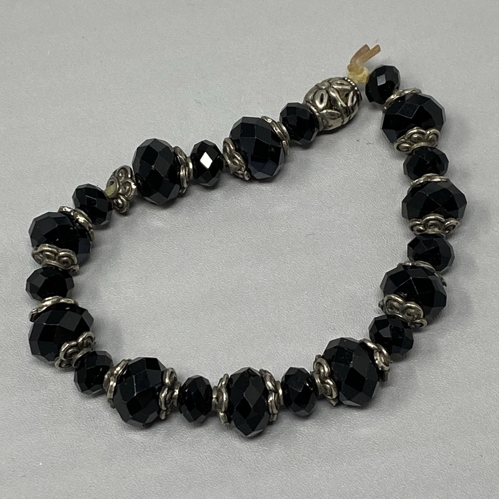 Black Glass Bead Bracelet Silver Tone Spacer Alternating Faceted Stretch 7