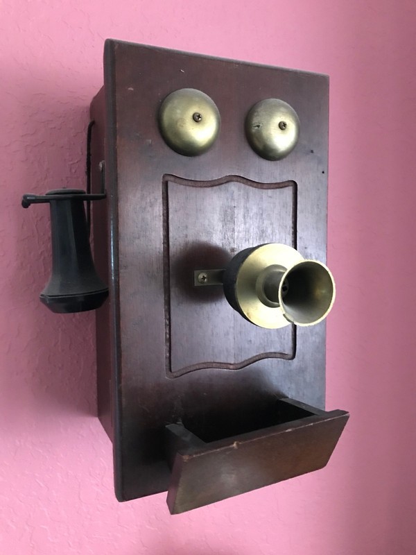 Rare Vintage Wooden Wall Mount Telephone Novelty Decor Crank, Bells & Receiver