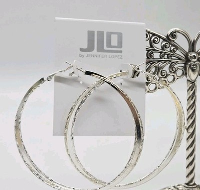 JENNIFER LOPEZ Hoop Earrings Crystal Silver Tone JLO Celebrity HUGE 3 in