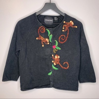 Michael Simon Black Beaded Embroidered Monkey Cardigan Sweater Size M