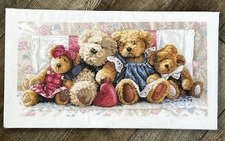 A Row Of Love Teddy Bears Cuddled Completed Cross Stitch Ready To Frame
