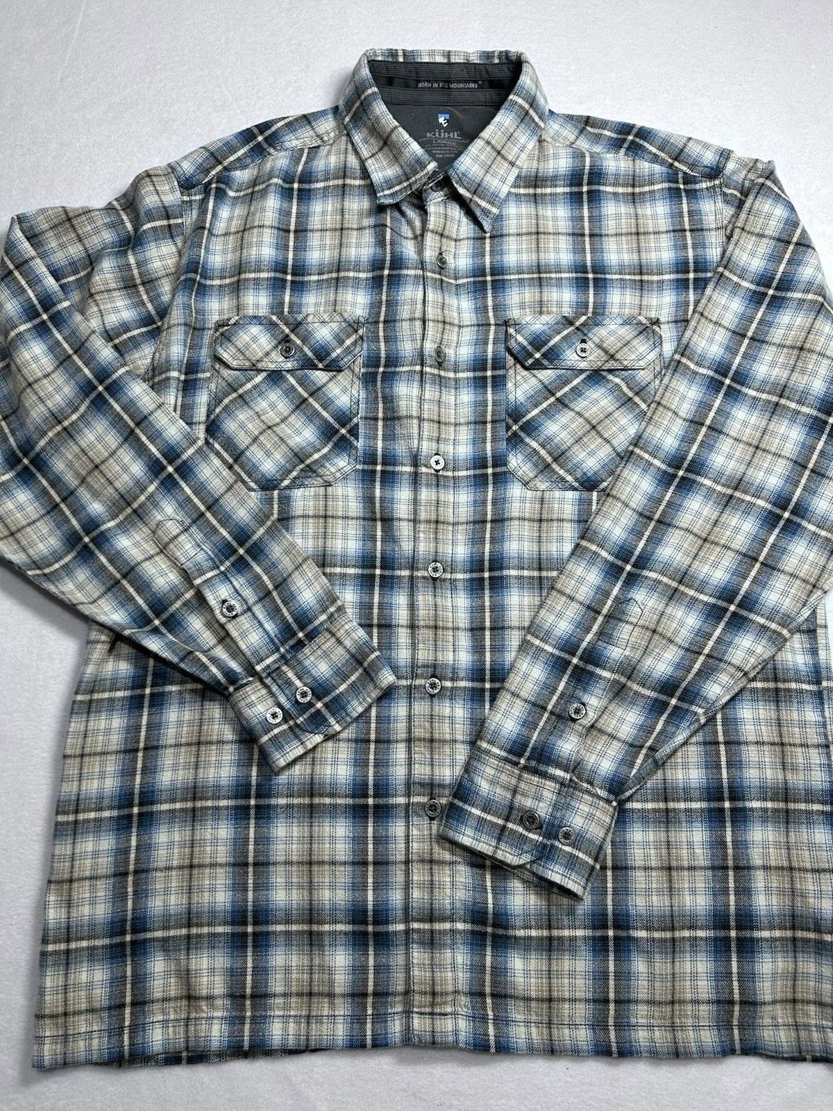 Kuhl Lowdown Shirt Mens Large Green Blue Plaid Flannel Western Outdoor long