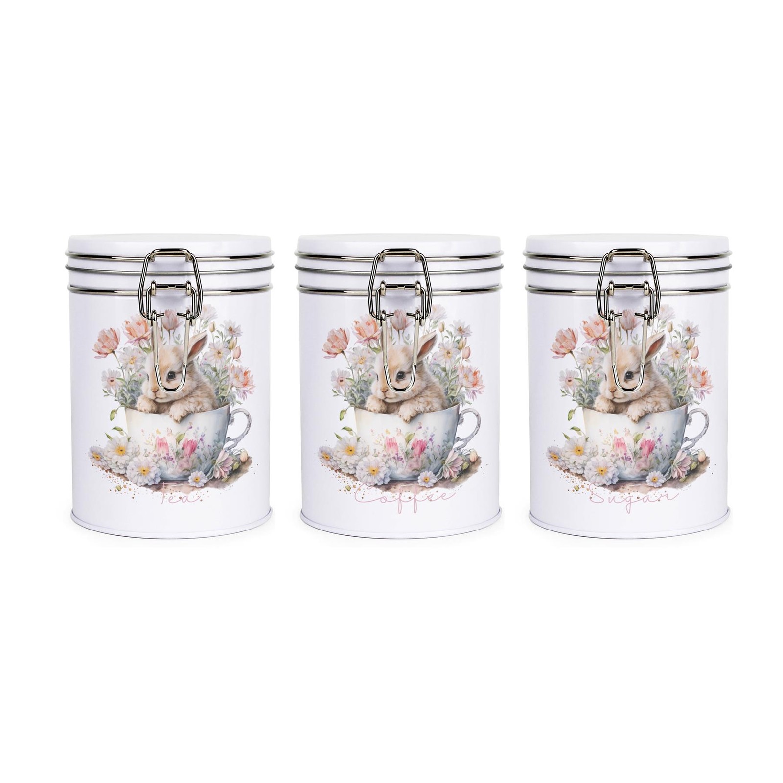 Teacup Bunny Tea Coffee Sugar Canister Set - Metal Clip Lid Kitchen Storage Gift