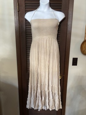 fitted lace wedding dress Strappy Tiered Maxi Dress in Beige Stripes – Reistor main image 1