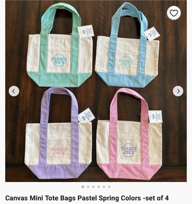 Trader Joe's Mini Pastel Canvas Tote Bag Set Of 4 Colors Limited (New With Tag)