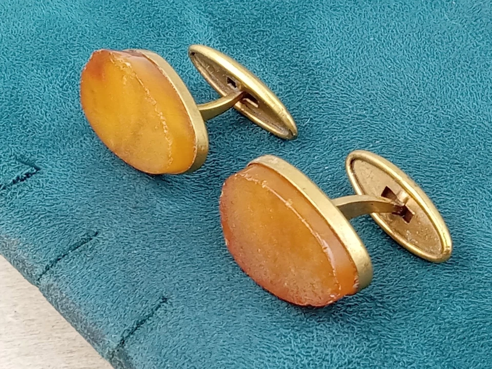 Gemelos Estate vintage tono dorado para hombre con ajustes ámbar: 0,75 x 0,5" Foto 2 de 4