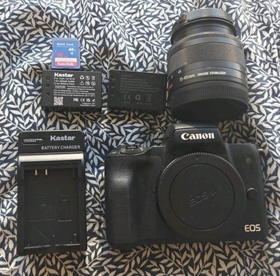 Canon EOS M50 24.1MP Mirrorless Kit w/15-45mm Lens, Charger, Batteries, Caps, SD