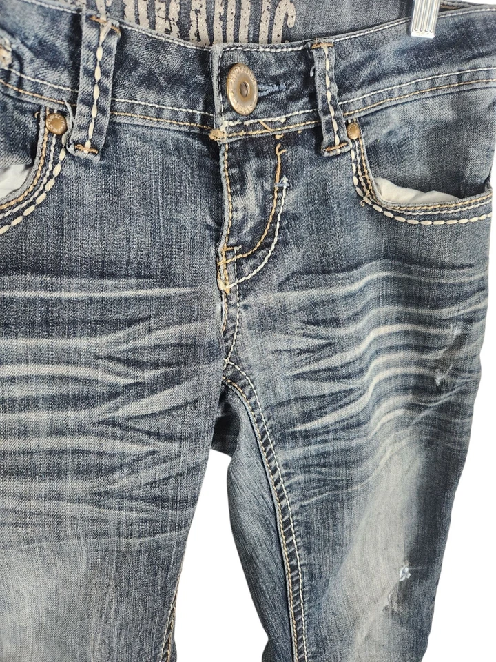 Pantalones de mezclilla para mujer hidráulicos desgastados talla 3/4 elásticos acampanados bolsillos bordados Foto 3 de 4