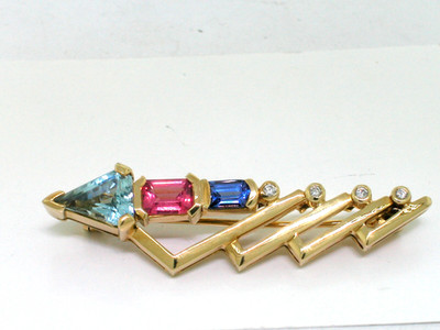 Brosche 750 Gold 18Kt Gold Juwelenbrosche Unikat Tansanit Spinell Aquamarin