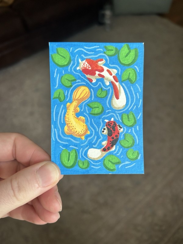 ACEO Original Art Card: Koi Pond Fish Serene Nature Scene Lily pad Goldfish