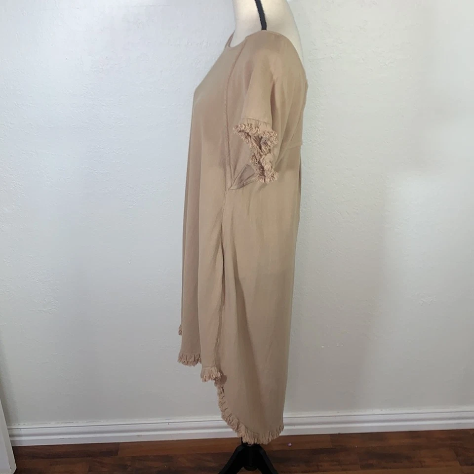 Umgee USA Tan Ll You Need Is Linen Short Sleeve Frayed Hem Dress Size Small - Image 2 of 4