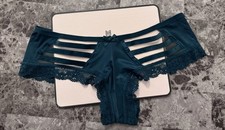 VICTORIA'S SECRET S GREEN SATIN SMOOTH VELVET STRAPPY LACE RARE CHEEKY PANTIES