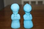 Vintage Fenton Aqua Blue  Custard Satin Glass Praying  Boy & Girl Figurine Set