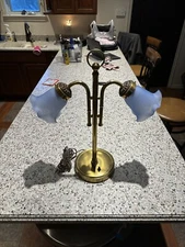 Vintage Brass Tulip Table Lamp With Original Frosted Shades Works