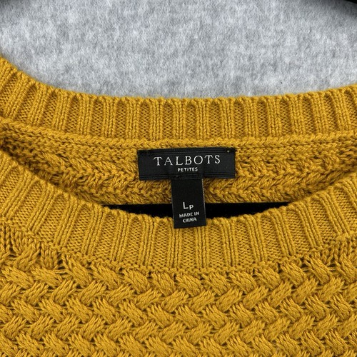 Talbots Mustard Yellow Cashmere Blend Crew Neck Cable Knit Sweater Sz LP - Picture 3 of 6