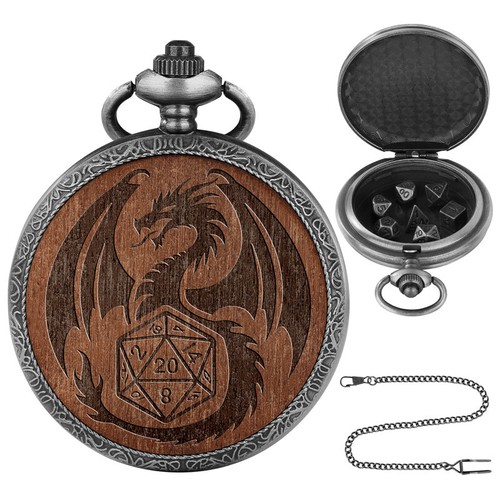 Retro Steampunk Dragon Watch Pocket Case with 7 Dices Fob Chain Souvenir Gifts - Picture 6 of 14