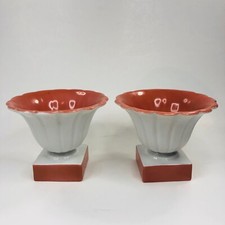 Vtg Czech Pottery Urn Flower Vases Coral & White - Set of 2