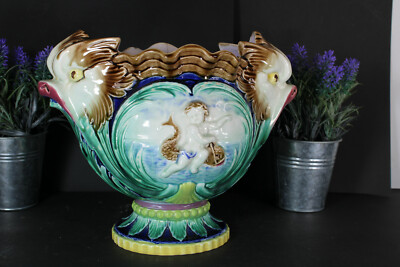 Antique Boch freres pottery marked planter jardiniere dolphin fish rare