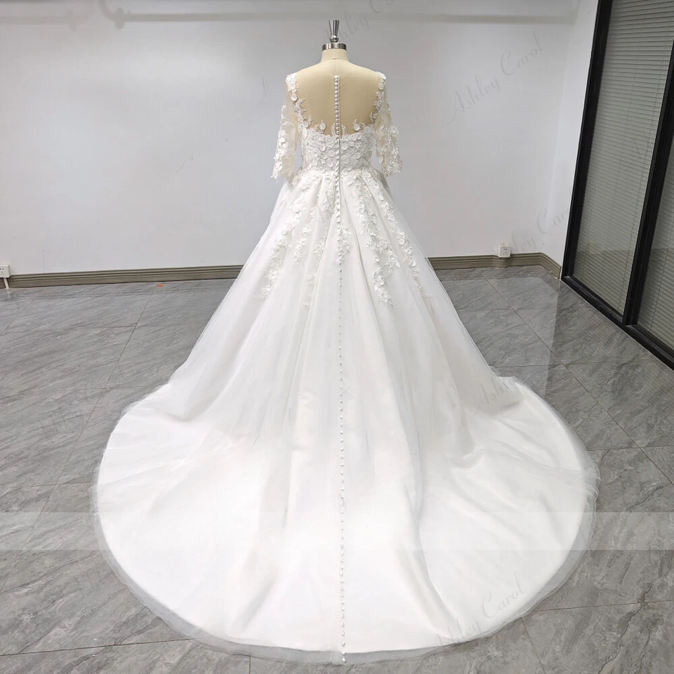 A-Line Wedding Dresses Long Sleeve Princess 3D Beading Flowers Bridal Gown - Image 2 of 4