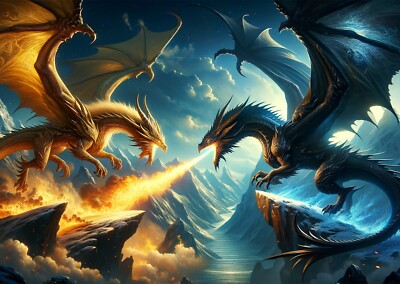 Gold Dragon Battling Black Dragon - A3 Size Borderless Print