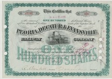 Peoria, Decatur & Evansville Railway Company Stock Certificate