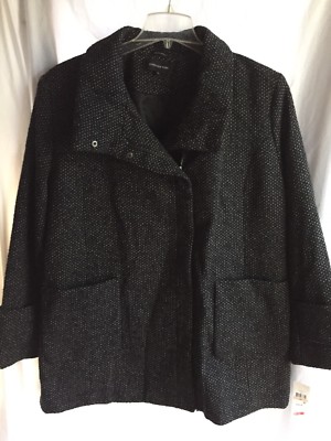NWT Size 2X JONES NEW YORK WOOL COAT Black/ White Marled Tweed Zip-Up Snaps $295