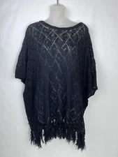 Cejon Shawl Sweater Poncho Cape Pullover One Size Black Fringe Acrylic