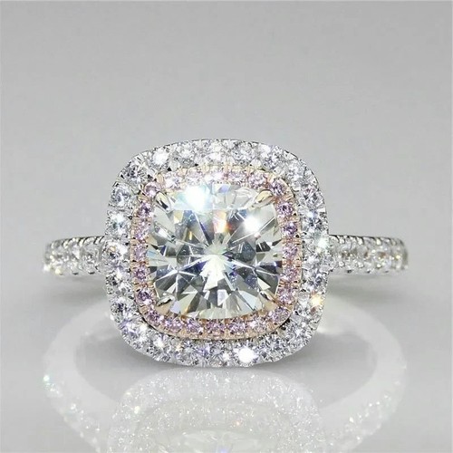2.00ct White Cushion Lab Created Diamond Halo Engagement 14K White Gold Plated