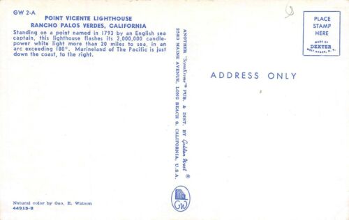 Point Vicente Lighthouse Rancho Palos Verdes ,CA Vtg 1950's Postcard - Picture 2 of 2