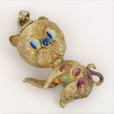 VTG STERLING SILVER CHINESE EXPORT ORIGINAL BOX ENAMEL CAT SCULPTED PENDANT !