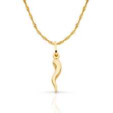 14K Yellow Gold Italian Horn Charm Pendant  1.2mm Singapore Chain Necklace