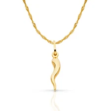 14K Yellow Gold Italian Horn Charm Pendant & 1.2mm Singapore Chain Necklace