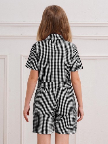 Kids Girls Plaid School Uniform Playsuit Short Sleeve Turn-Down Collar Jumpsuit - Picture 47 of 107