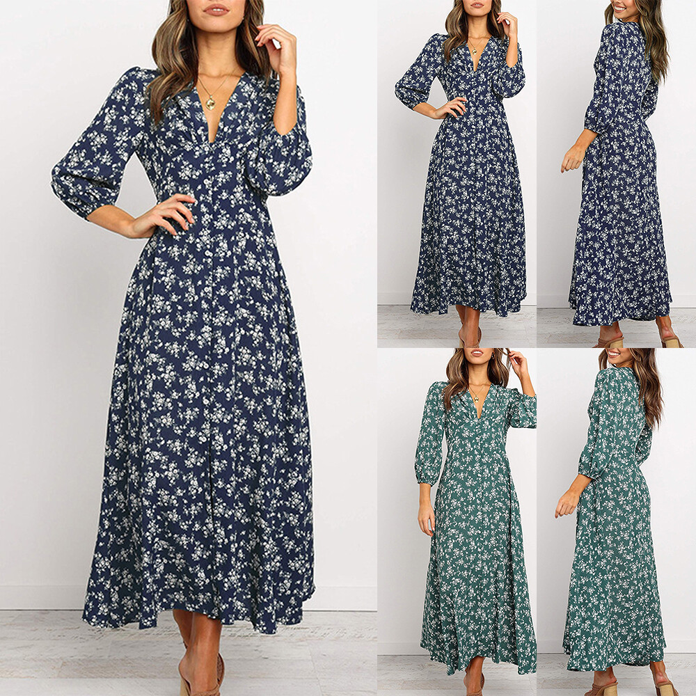 Womens Floral Boho V Neck Long Sleeve Maxi Dress Ladies Casual Loose