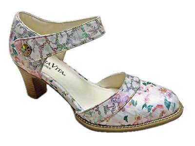 Laura Vita Pumps Elcodieo 232 Beige Blumen Leder Textil Blockabsatz Elegant