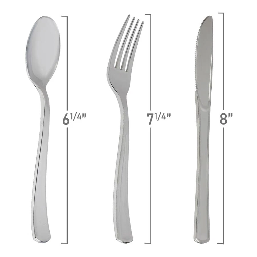 Cubiertos de plástico desechables cubiertos de plata cubiertos metálicos cuchara tenedor cuchillo Foto 2 de 2