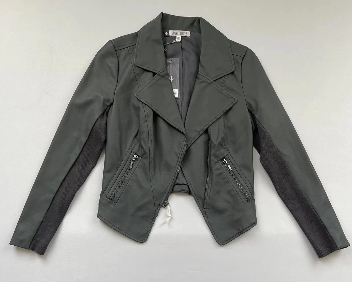Jennifer Lopez XS Petite Vegan Faux Leather Jacket Gray Zip Moto Biker  Jacket | eBay