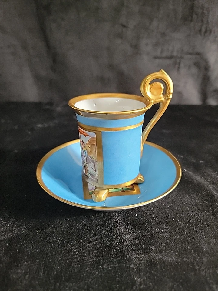 Juego de tazas y platillos pintados a mano Le Tallec 4 oz. París Francia 1956 Vintage Foto 3 de 4