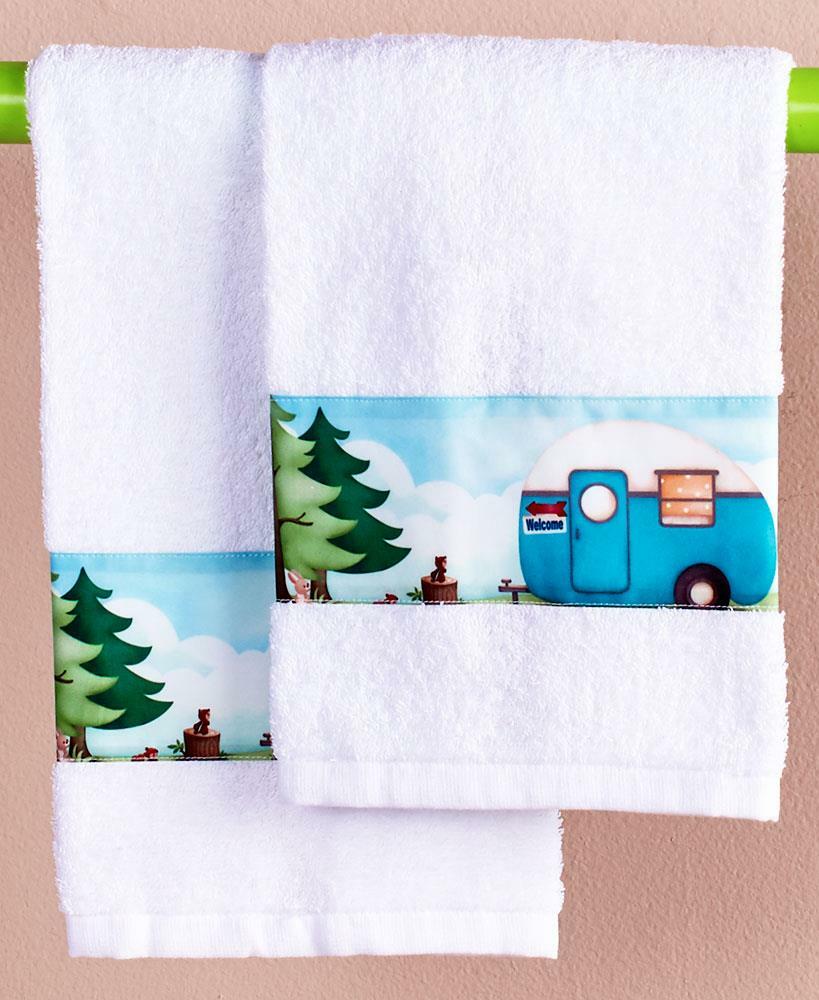 SET OF 2 RETRO CAMPER IMAGE COTTON BATHROOM GUEST HAND TOWELS HOME DECOR