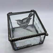 Antique Style Beveled  Iridescent Glass Jewelry Trinket Box Metal Applied Bird