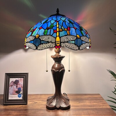 Tiffany Style Table Lamp Blue Stained Glass Dragonfly LED Bulb Included  H24