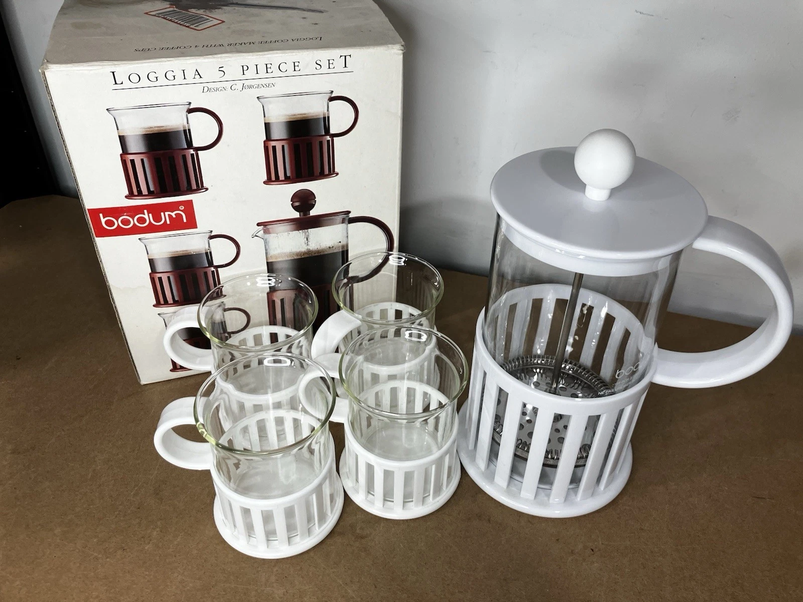 Bodum Loggia 5 Piece Coffee Set White Cafetière Glass Cups In Box VGC
