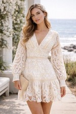 ASOS Design White Cream Lace Mini Dress US 4 Long Sleeve V Neck Romantic NWT