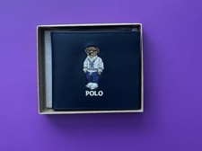 NEW Polo Ralph Lauren Preppy Tennis Bear Leather Double Billfold Wallet Navy