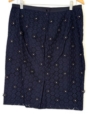 Talbots Womens Size 8 Skirt Pencil Blue Eyelet Floral Embellished Gold Classic