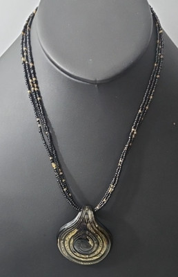 Black and Gold Beaded Necklace Swirl-Patterned Glass Pendant
