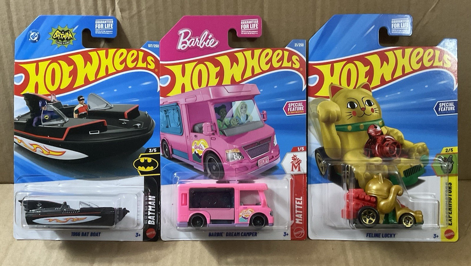 Hot Wheels 3 Car Lot: 1968 Bat Boat, Barbie Dream Camper, & Feline Lucky.